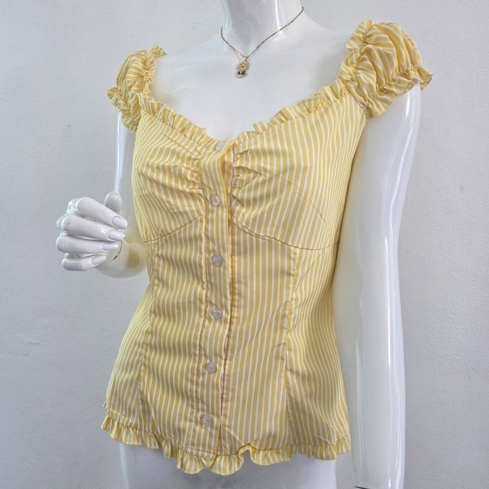 Sunny Yellow White Striped Puff Sleeve Blouse Size Large - Picture 2 of 16